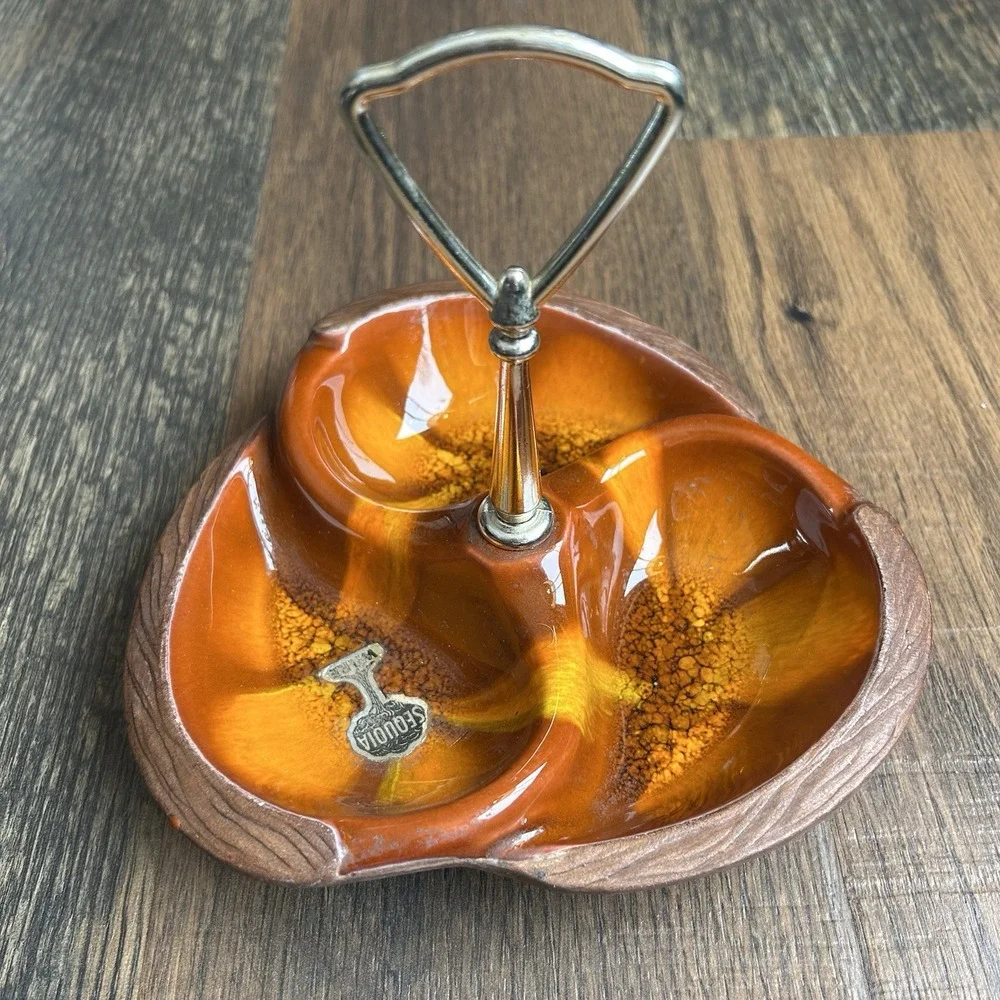 Vintage MCM Sequoia Ware Orange Drip 3 Section Nut Candy Dish #618